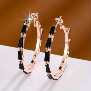 Rose Gold Black Spinel Hoop Earrings